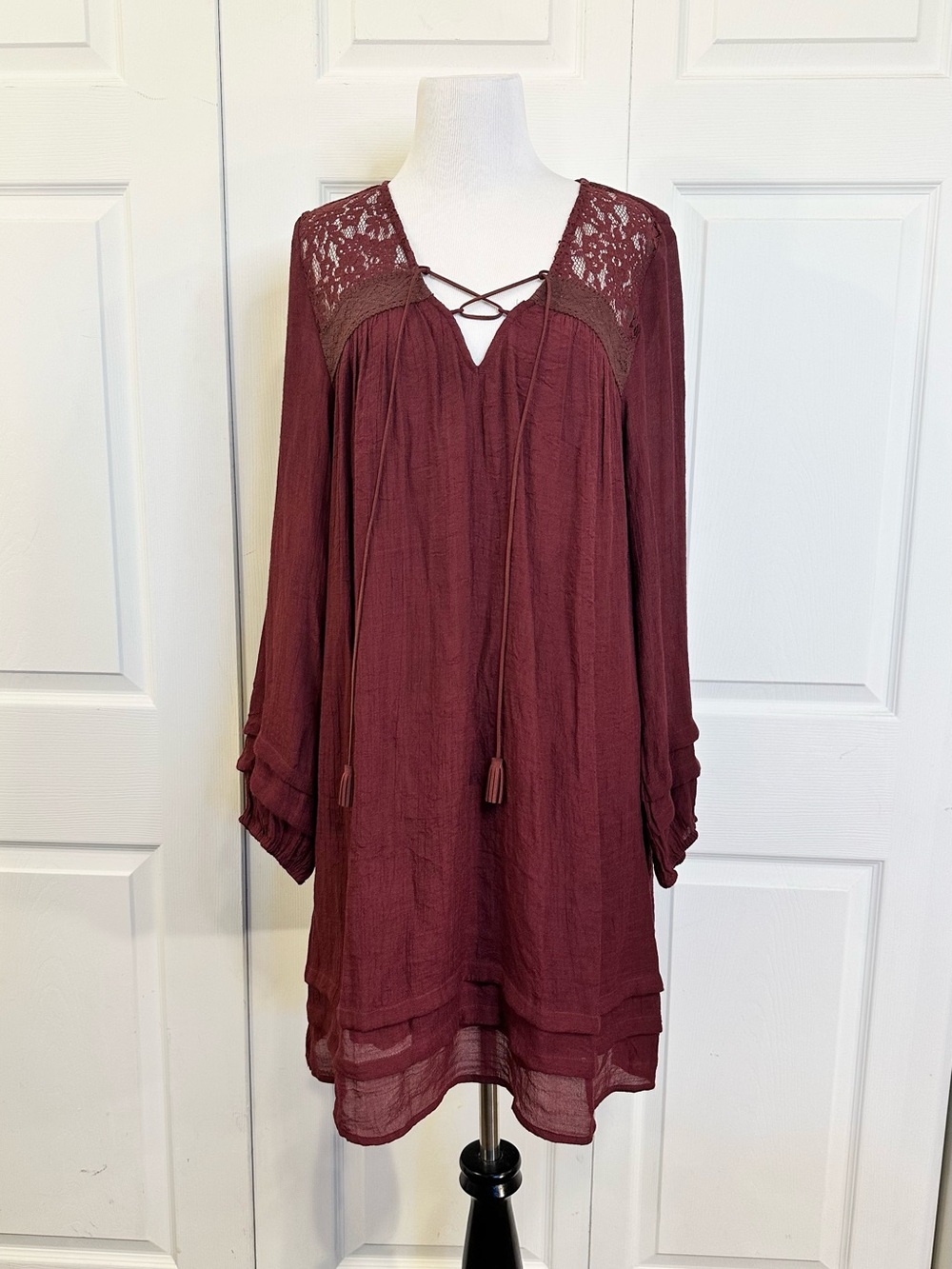 JODIFL Burgundy Lace-Yoke Long Sleeve Tunic Dress